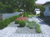 Orticoltura Colonia - L'orticoltura costituisce gran parte della nostra gamma di offerte di giardinaggio e paesaggistica, qui un giardino anteriore con un sentiero e arbusti.